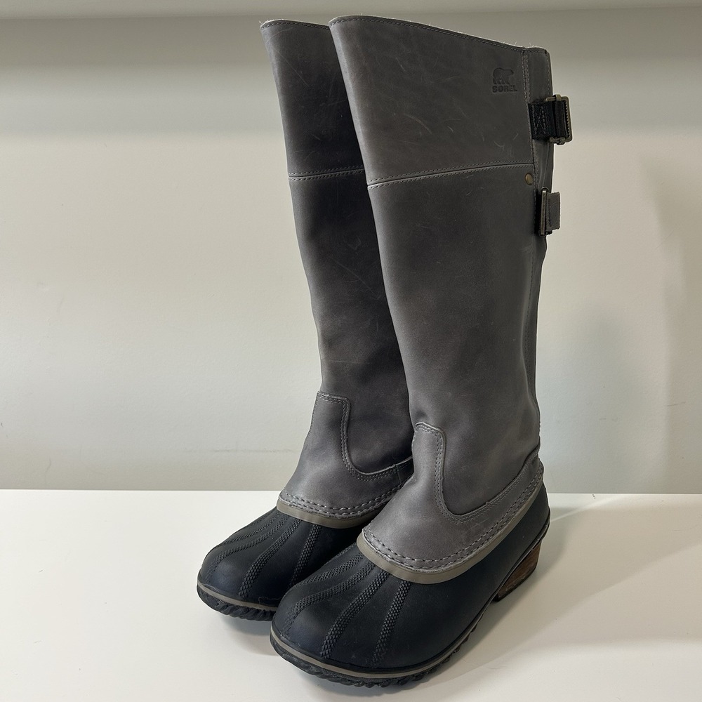 Sorel Slimpack II Tall Leather Riding Boot Gray Women's 7.5 NL 2321-078 Rubber